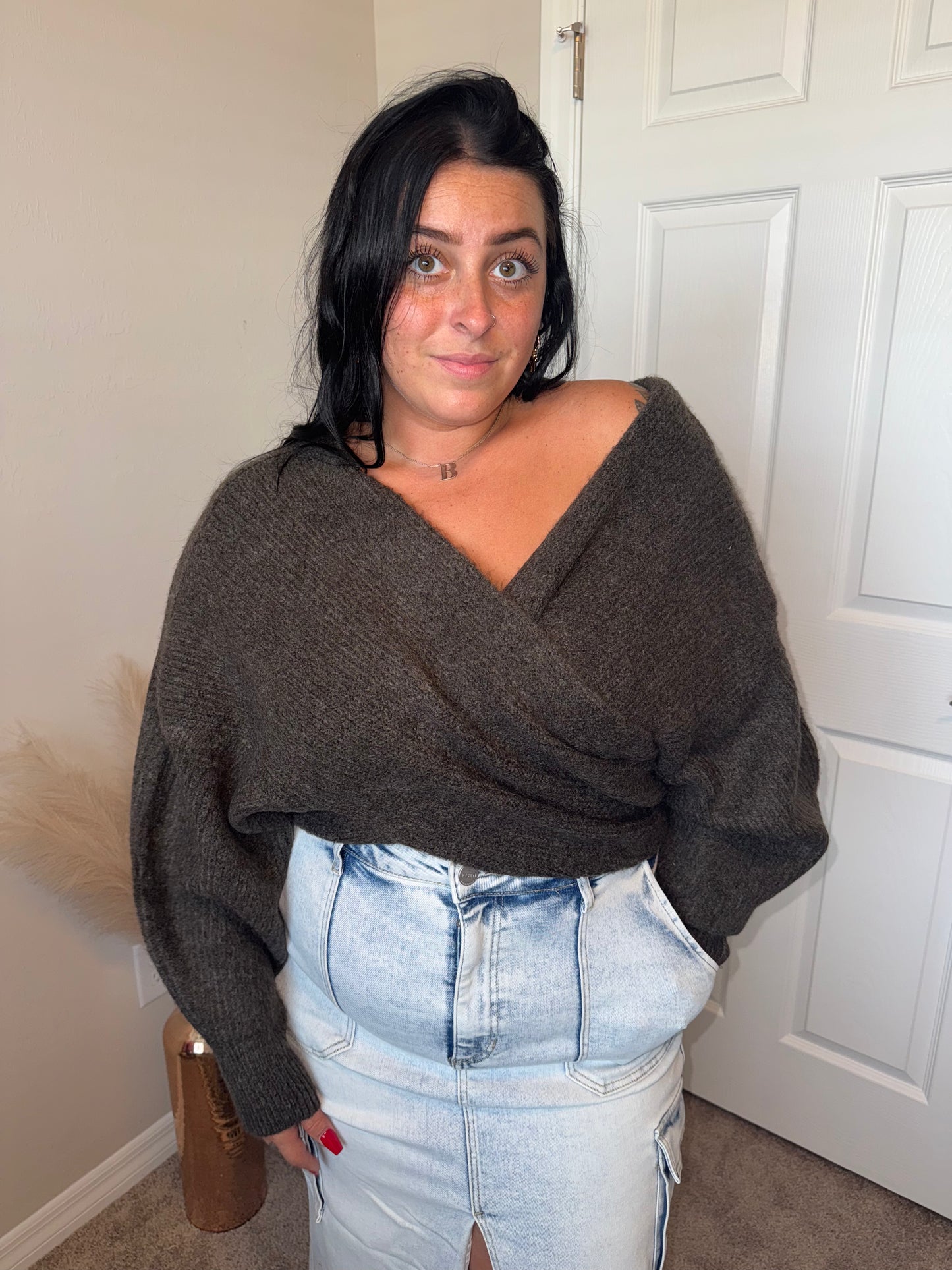 Ribbed Knit Crossover Sweater