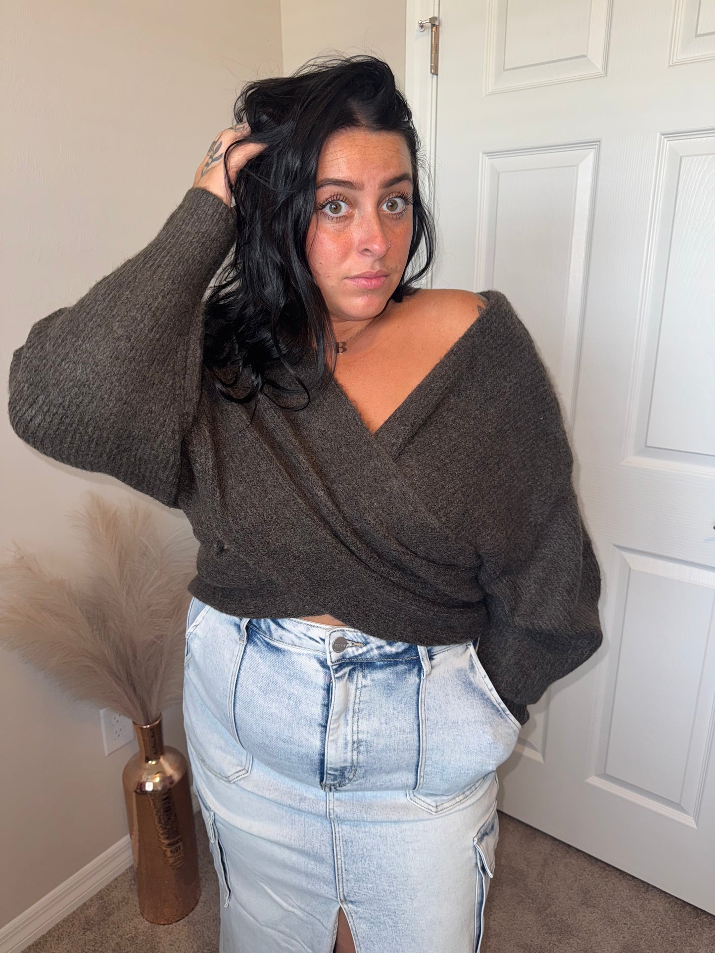 Ribbed Knit Crossover Sweater