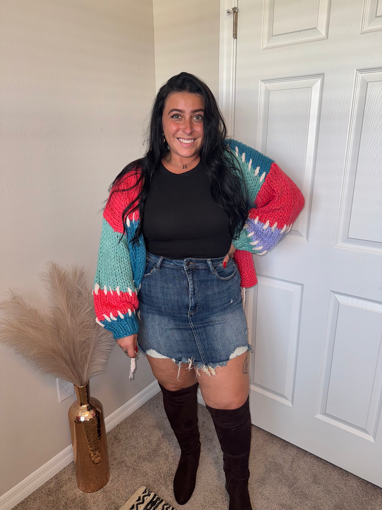 Crochet Color Block Tie Cardigan