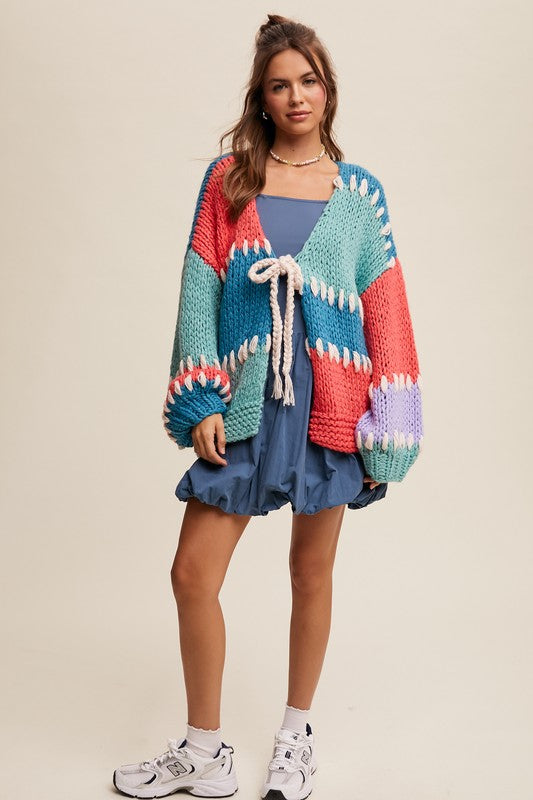 Crochet Color Block Tie Cardigan